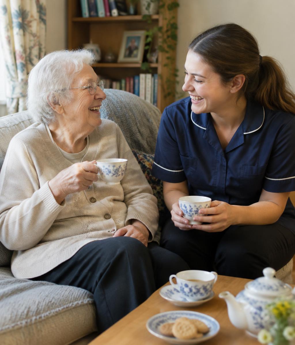 Seniorin und Alltagsbegleiterin lachen gemeinsam beim Tee im Wohnzimmer, natürliches Tageslicht